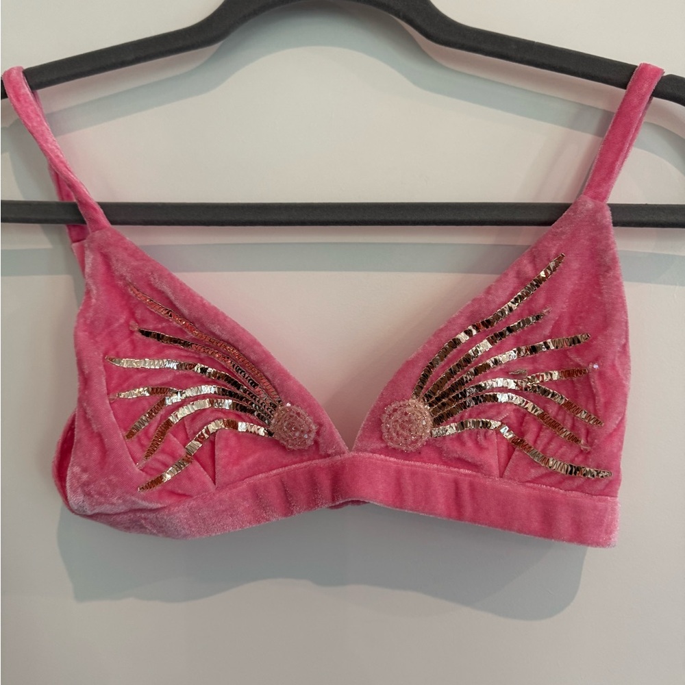 Oceanus Pink and Gold Velvet Plunge Bikini top